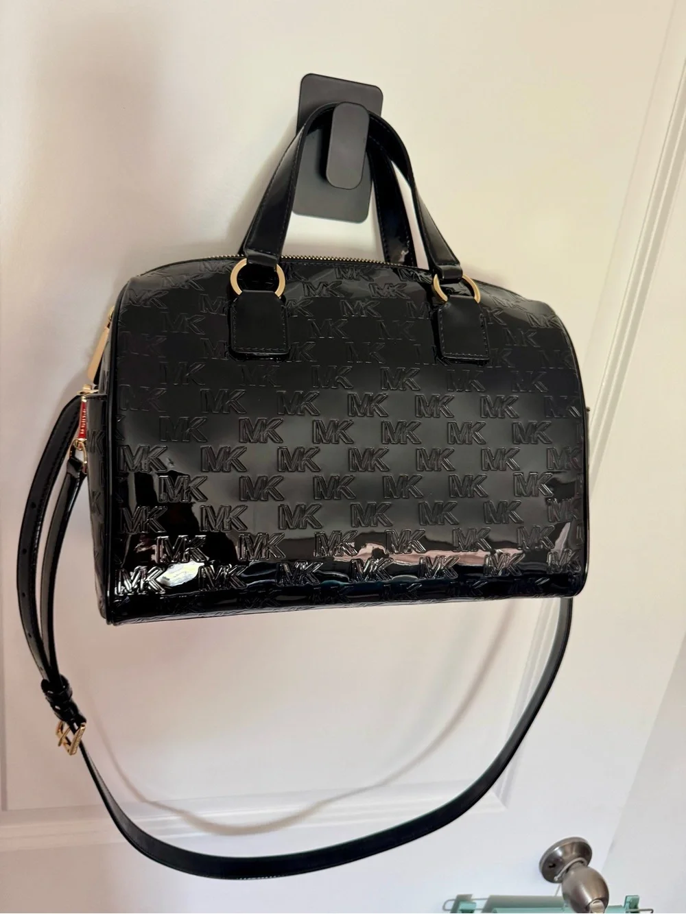 Michael Kors Grayson Black Patent Logo Satchel with Detachable Strap